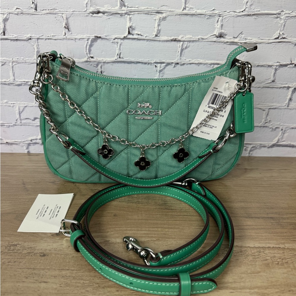 Coach Teri Shoulder Bag Green Denim Quilted Silver a free unbranded chain